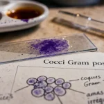 Cocci gram positif : lame de microscope et réactifs