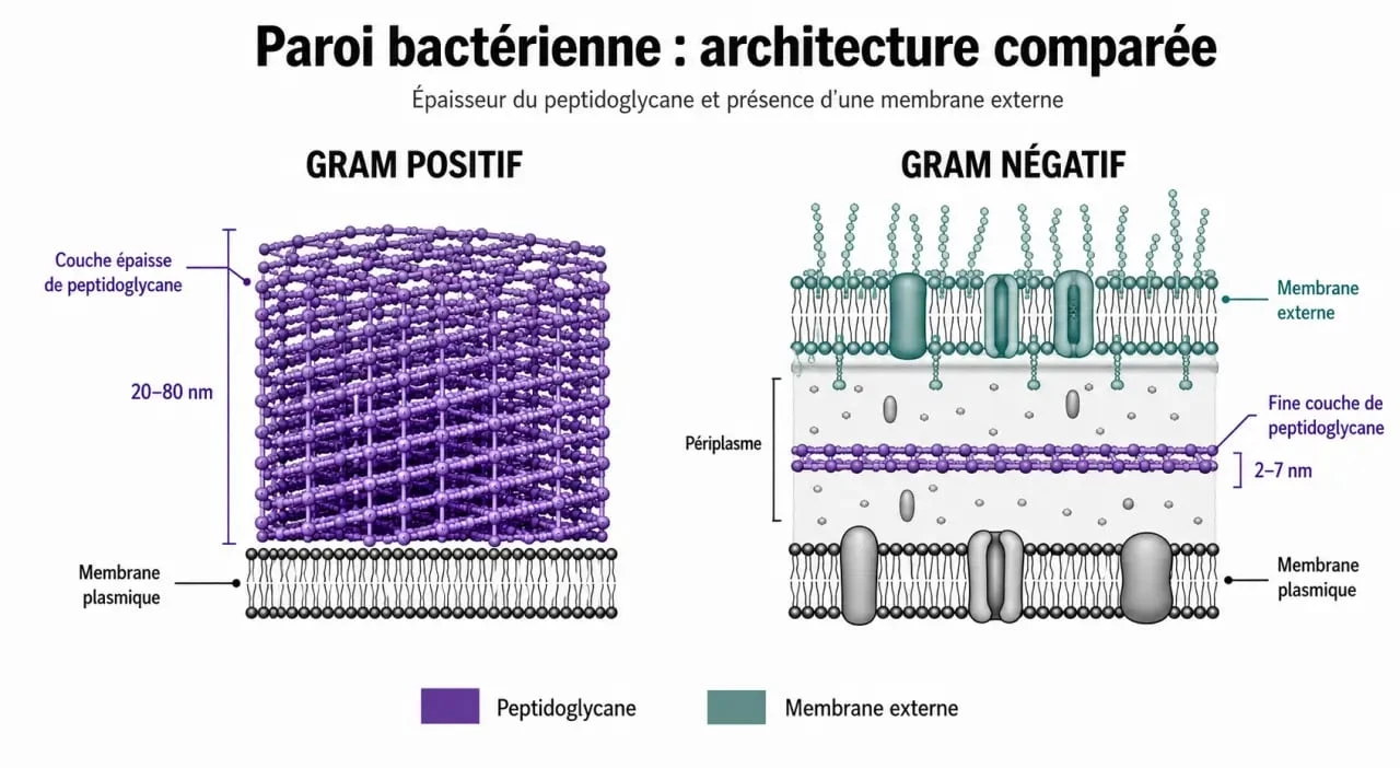 Schéma comparatif de la structure de la paroi des cocci Gram positifs et des bactéries Gram négatives