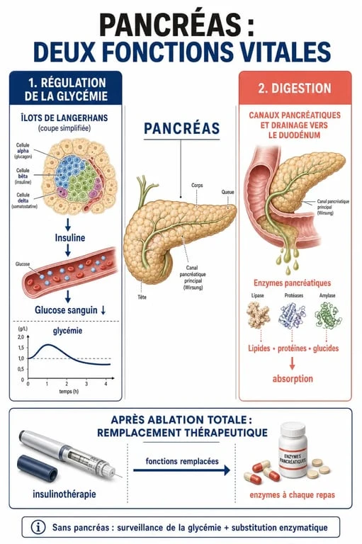 Peut on vivre sans pancréas : schéma des fonctions du pancréas et des traitements de substitution