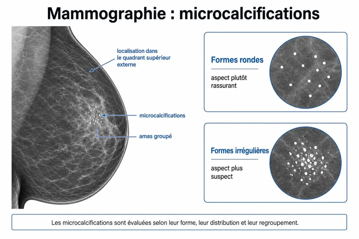Microcalcification sein : schéma de mammographie annoté avec amas de microcalcifications et niveaux de suspicion
