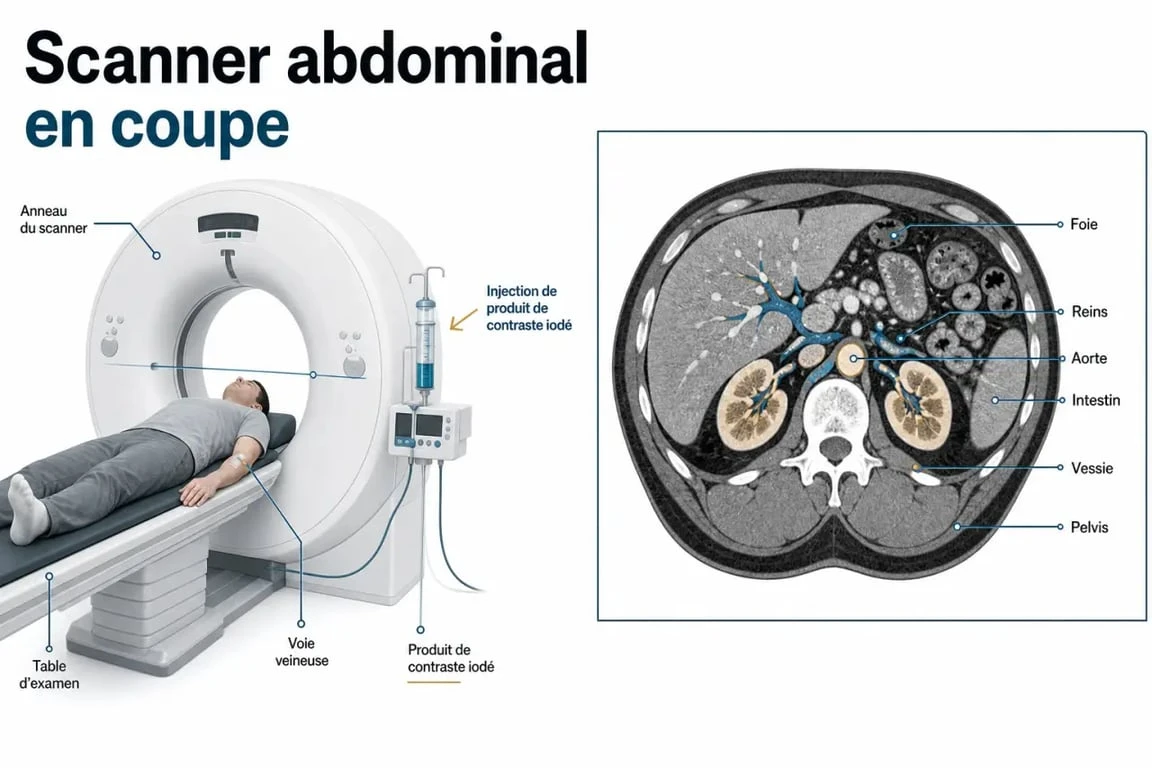 Schéma du scanner abdominal avec injection de contraste et visualisation des organes