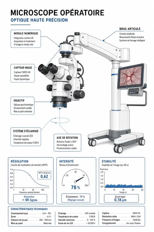 Schéma technique des composants d'un microscope opératoire pour la chirurgie de précision