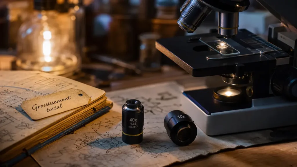 Grossissement microscope : calcul à 25 cm, objectif, oculaire et limites