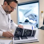 Radiothérapeute en consultation, radiothérapie et scans en centre de cancérologie
