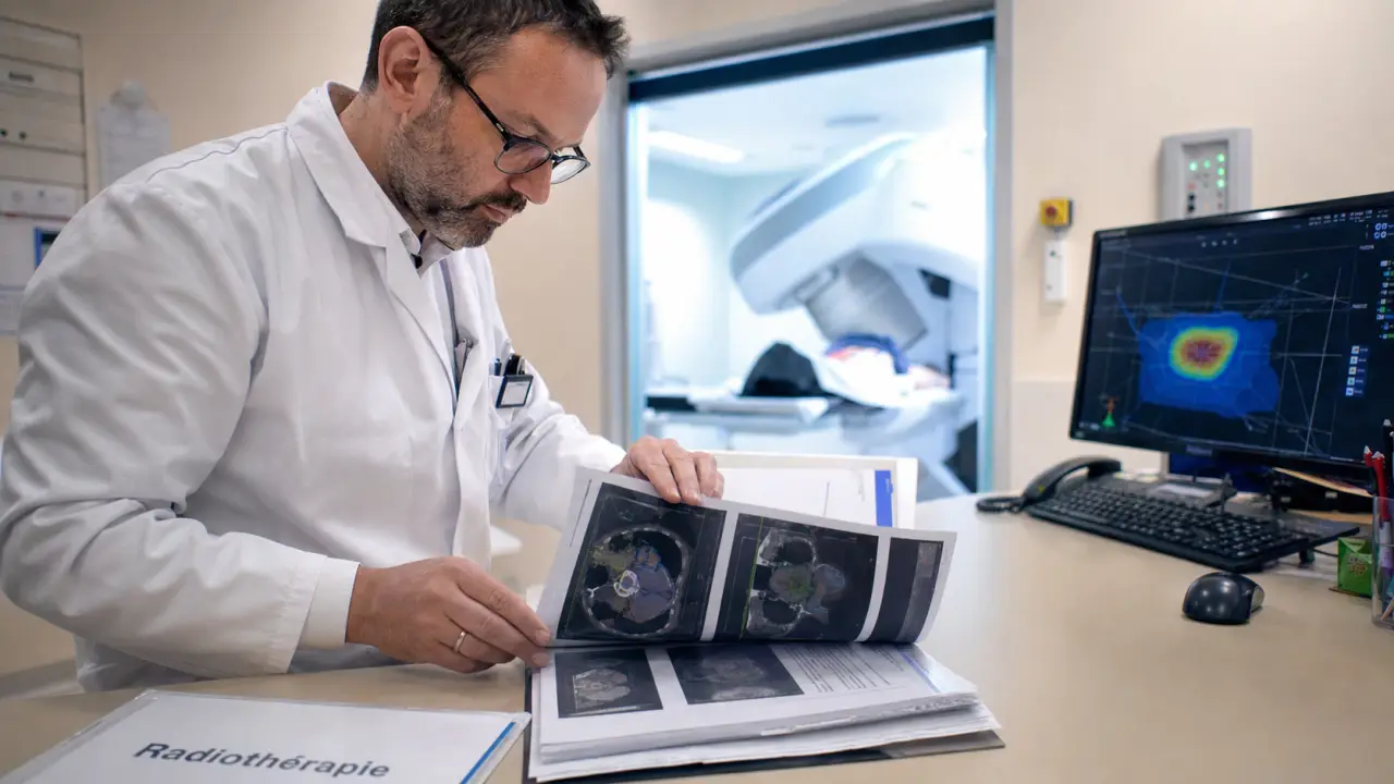 Radiothérapeute en consultation, radiothérapie et scans en centre de cancérologie