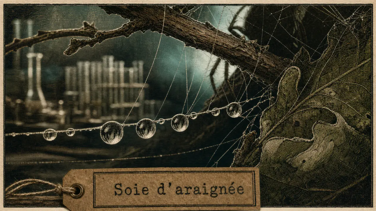 Soie araignée proprietes : macro d’une fibre sur chêne avec gouttes nettes