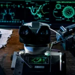 Virus imaging au microscope : cellule fluorescente et particules virales
