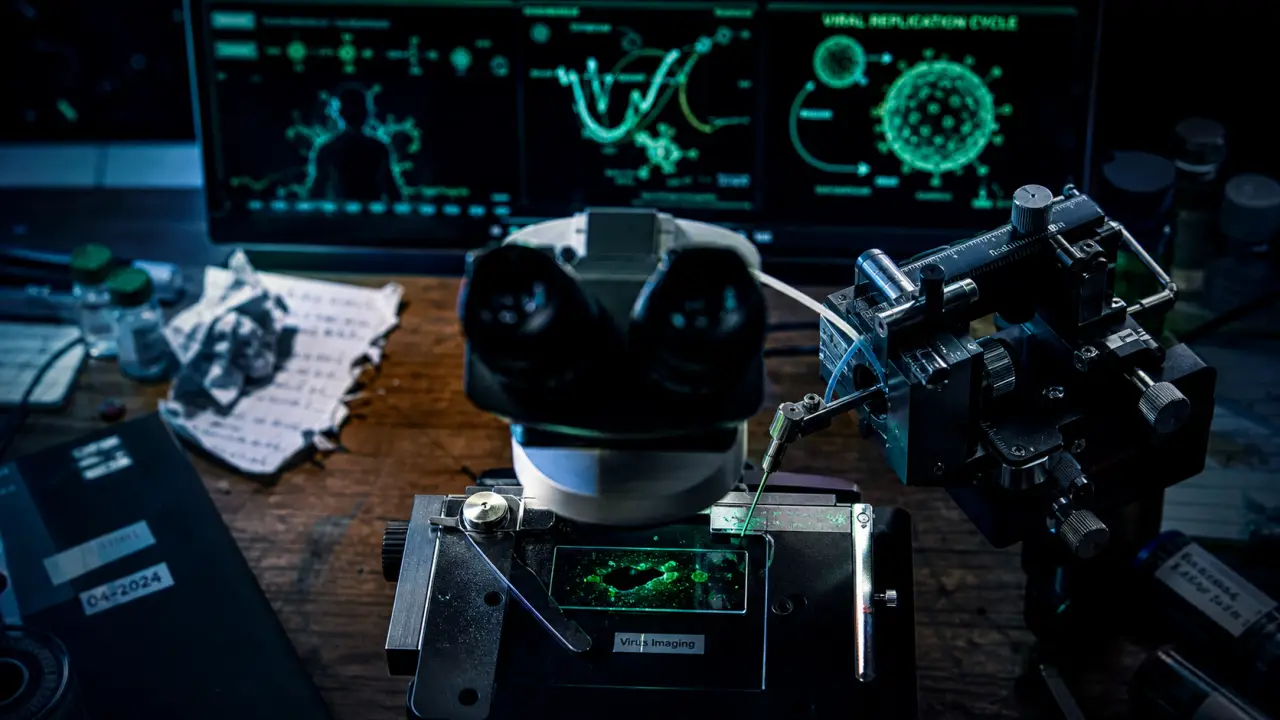 Virus imaging au microscope : cellule fluorescente et particules virales