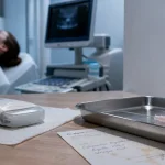 Cytoponction thyroïdienne : sonde d’échographie et aiguille sur champ stérile