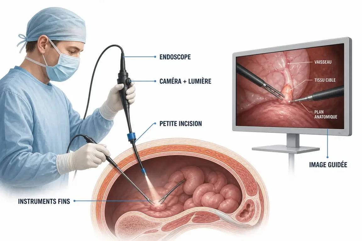 Schéma de chirurgie par endoscopie montrant un endoscope, de petites incisions et des instruments fins