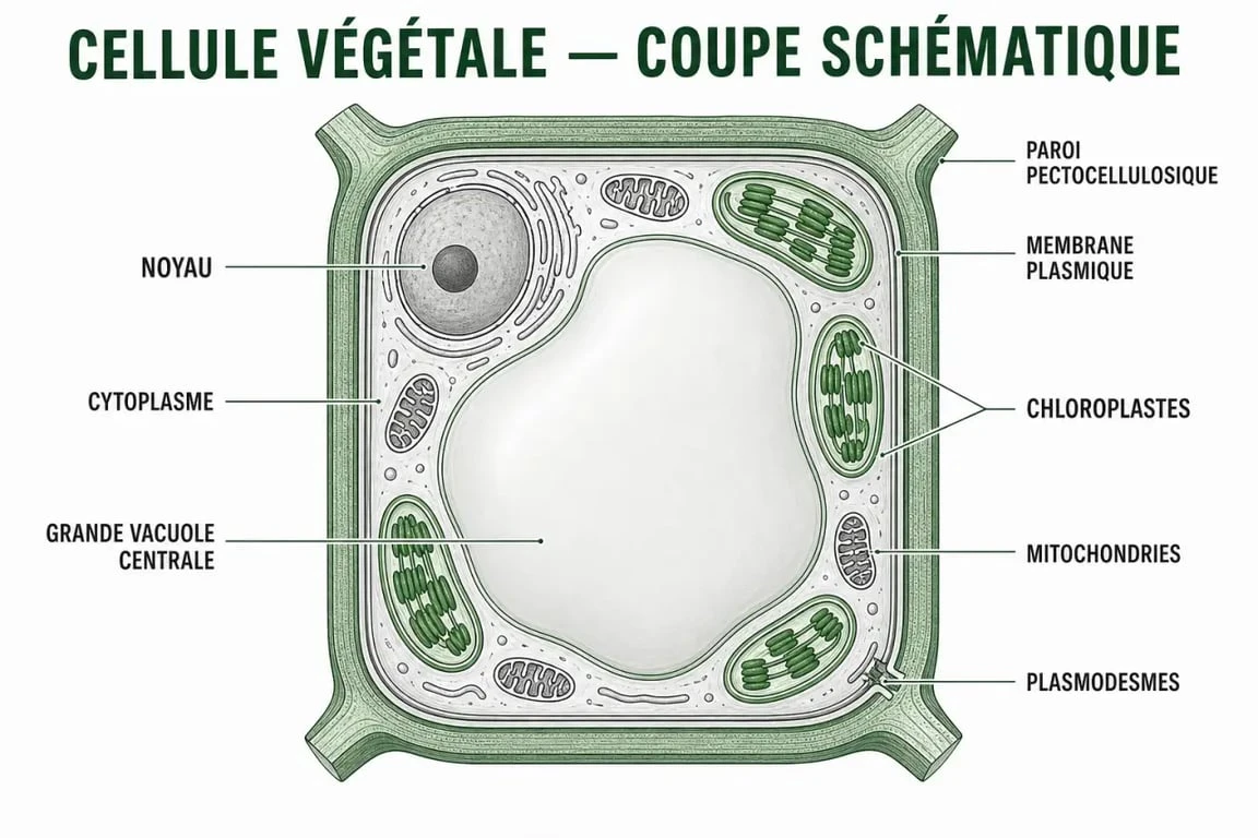 Cellule végétale schéma annoté avec paroi, vacuole et chloroplastes