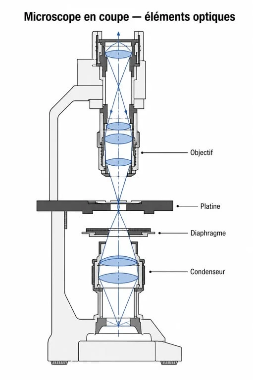 Schéma du diaphragme du microscope avec repérage du condenseur, de l’objectif et de la platine