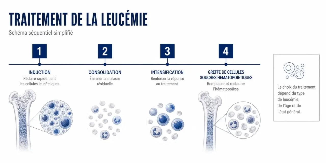 Traitement leucémie : schéma des étapes induction, consolidation, intensification et greffe de cellules souches