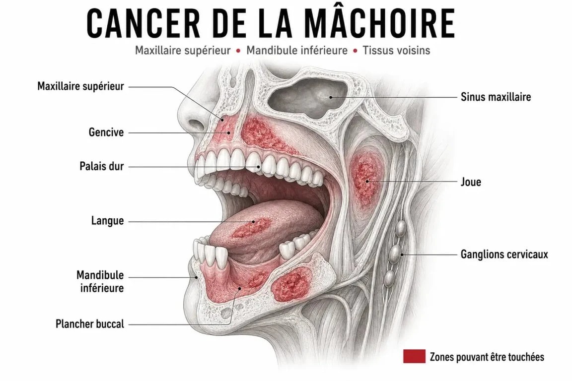 Schéma du cancer de la mâchoire montrant le maxillaire et la mandibule