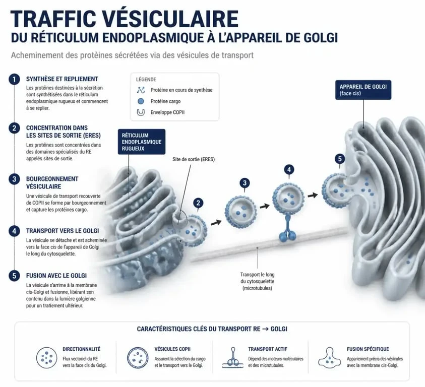 Illustration du transport des protéines et du trafic vésiculaire vers l'appareil de Golgi