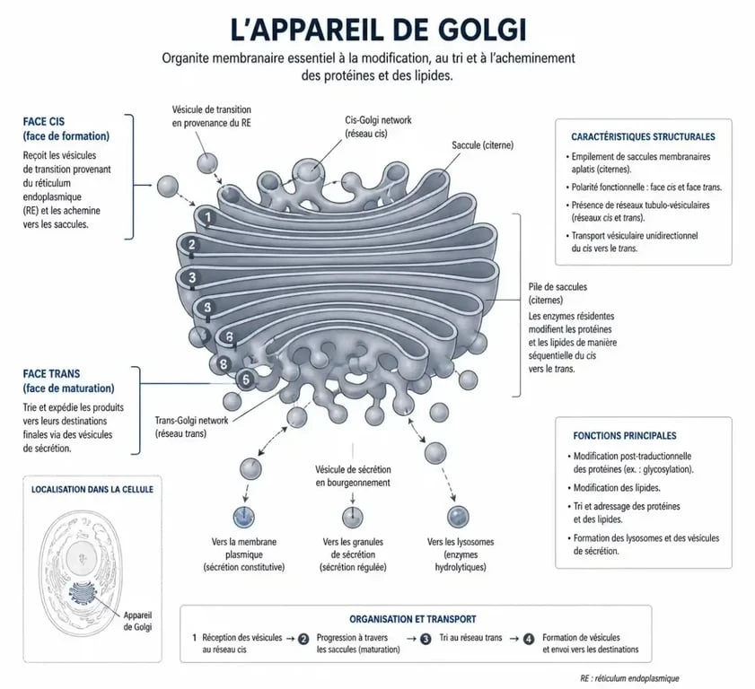Schéma détaillé de la structure de l'appareil de Golgi avec ses faces cis et trans
