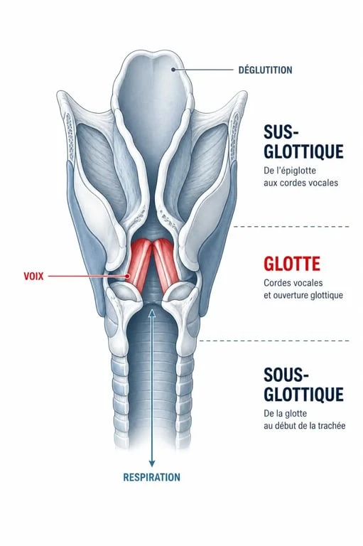 Cancer du larynx : schéma des zones sus-glottique, glotte et sous-glottique