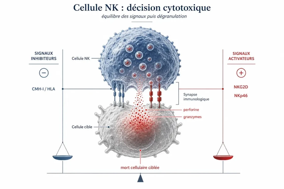 Schéma cellule nk montrant l’activation, l’inhibition et la destruction ciblée d’une cellule anormale