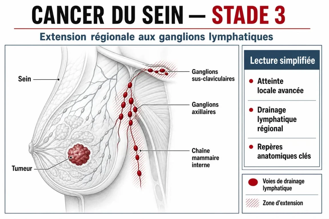 Schéma du cancer du sein stade 3 montrant les ganglions axillaires et la chaîne mammaire interne