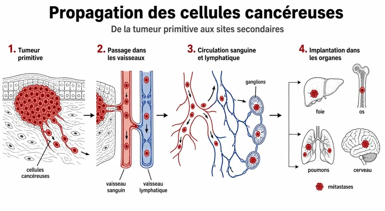 Schéma des cancers métastatiques montrant la propagation des cellules cancéreuses depuis la tumeur primitive vers d'autres organes