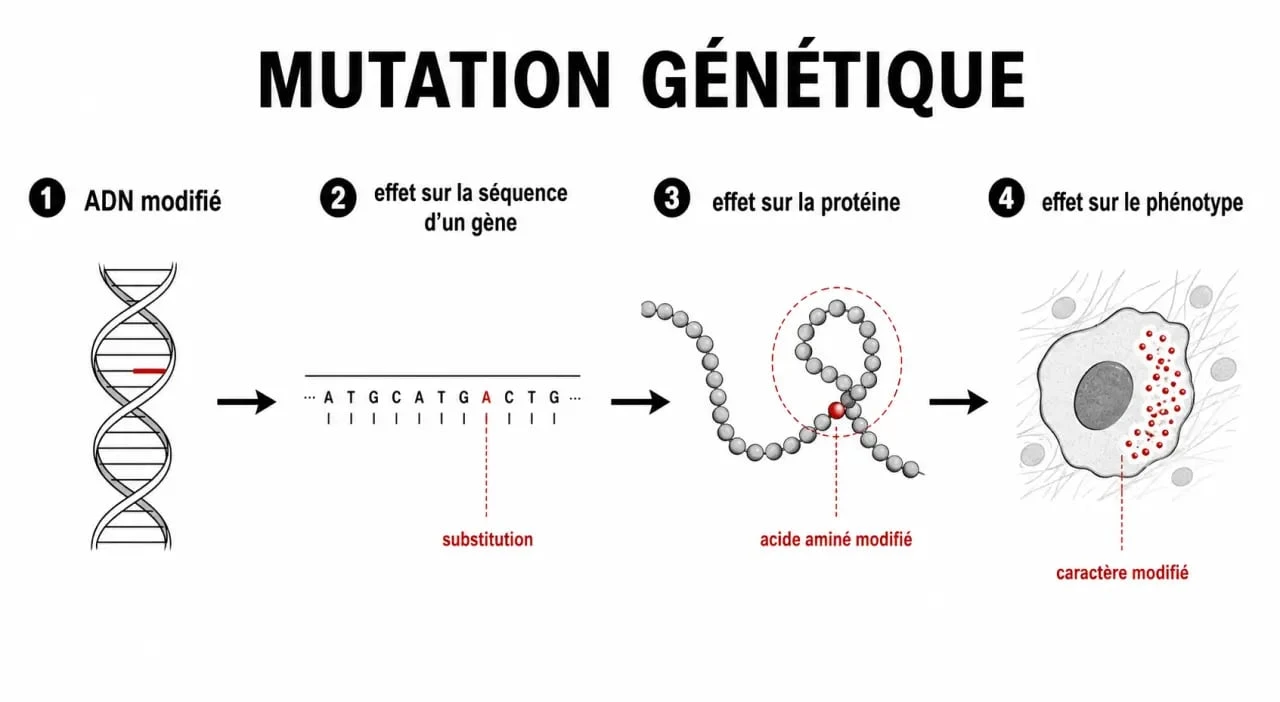 Génétique mutation : schéma du passage de la mutation de l’ADN à la protéine puis au phénotype