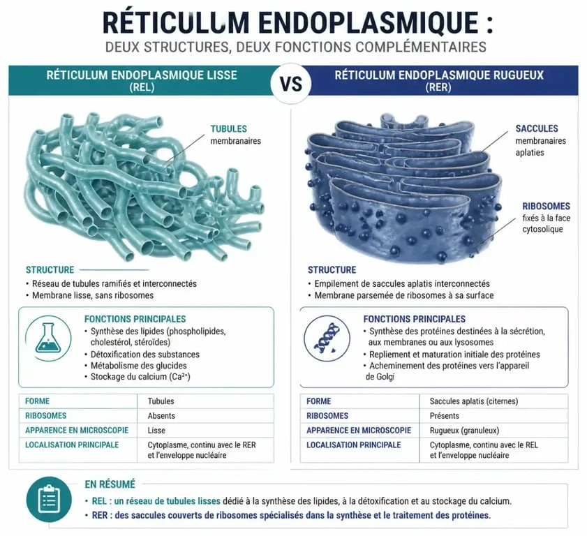 Comparaison entre réticulum endoplasmique lisse et rugueux