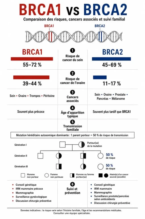 Infographie sur la brca1 et brca2 différence entre risques, cancers associés et suivi