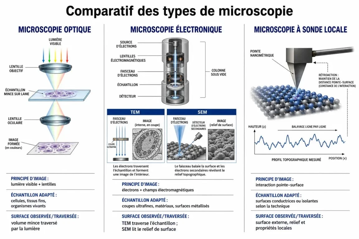 Type de microscopie : schéma comparatif des microscopies optique, électronique et à sonde locale