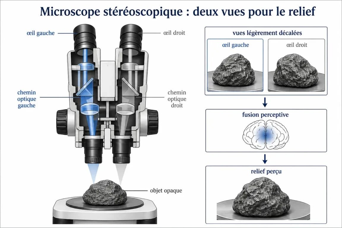 Schéma du stereoscopic microscope montrant deux chemins optiques et la vision en relief
