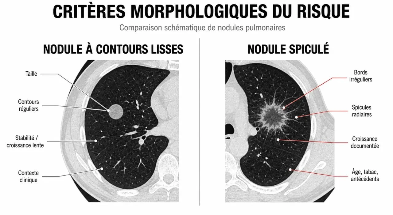 Nodule spiculé au poumon : comparaison visuelle des contours suspects et des critères radiologiques