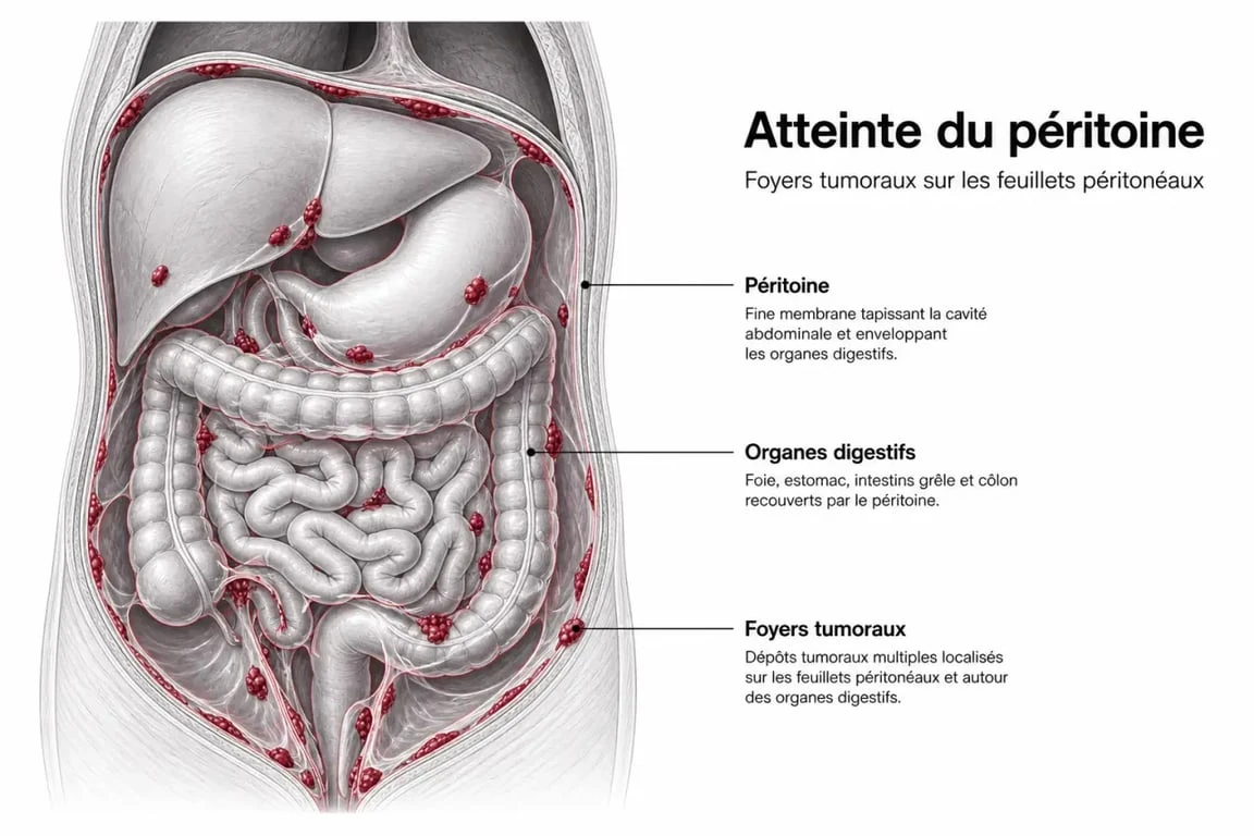 Schéma du cancer peritoine montrant le péritoine et la dissémination tumorale dans l’abdomen
