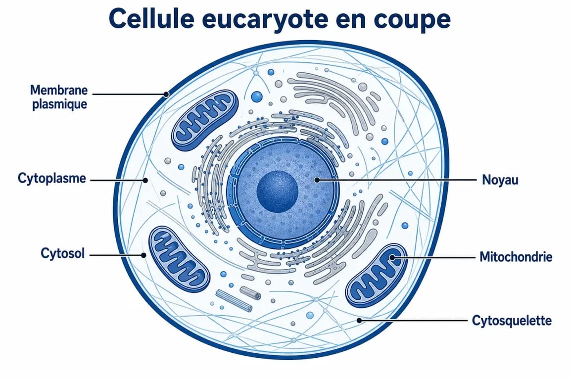 Définition cytoplasme : schéma simplifié d’une cellule avec membrane plasmique, noyau et organites