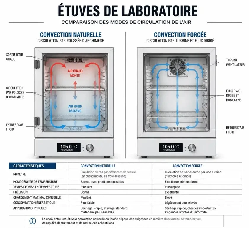 Schéma comparatif des principes de convection naturelle et forcée dans une étuve de laboratoire