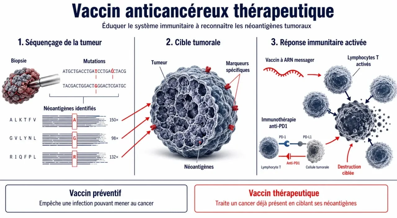 Schéma éditorial du vaccin cancer montrant la différence entre vaccin préventif et vaccin thérapeutique