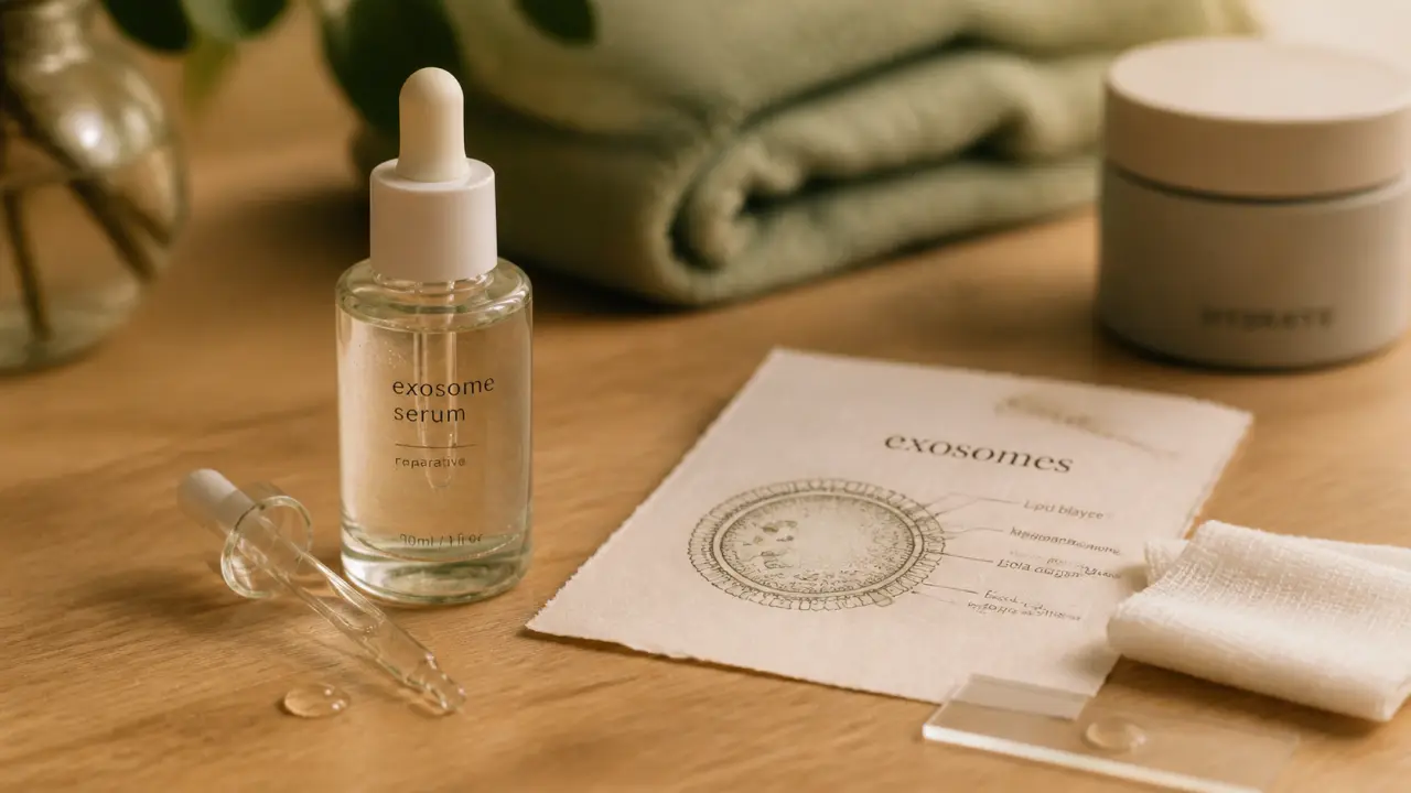Exosome en esthétique : flacon sérum et pipette sur la peau