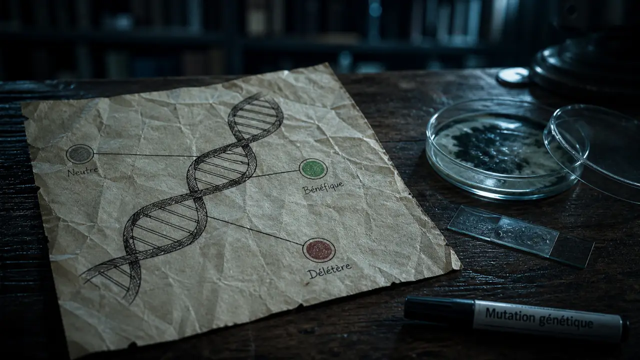 Génétique mutation : schéma ADN, pastilles neutre bénéfique délétère