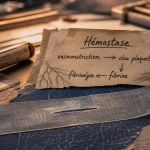 Schéma de l’hémostasie : vasoconstriction, clou plaquettaire, fibrine puis fibrinolyse