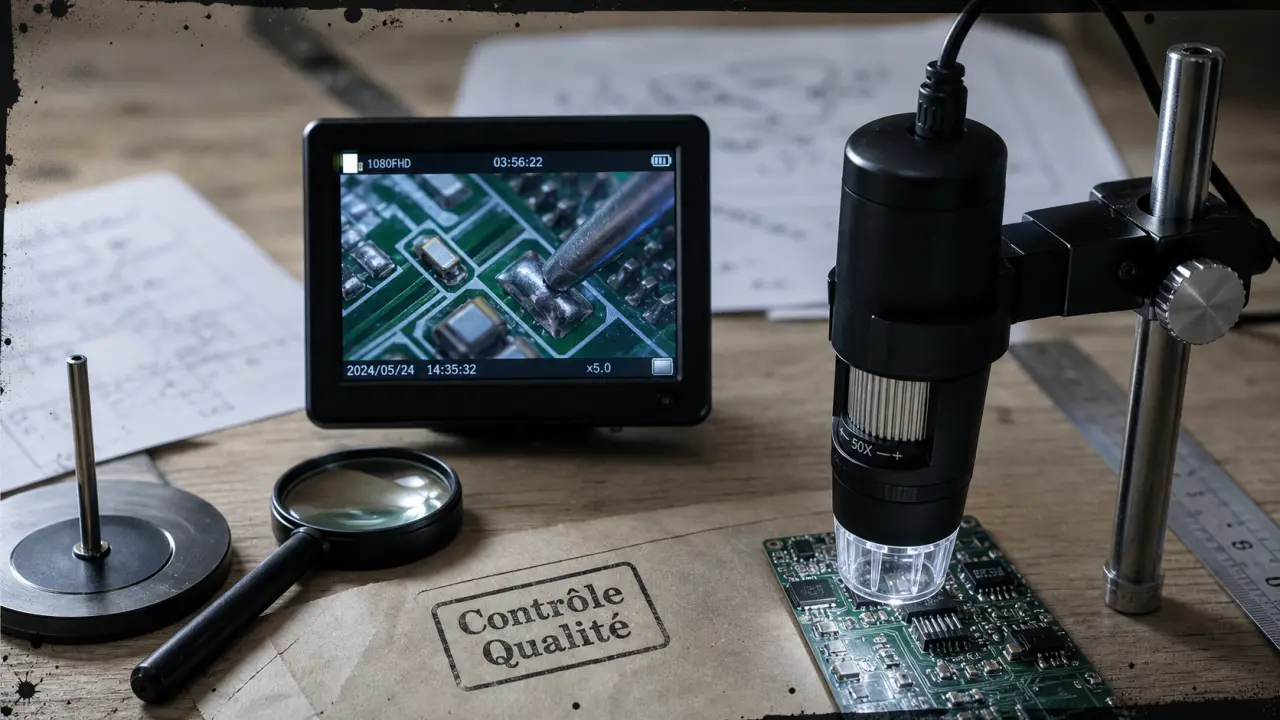 Microscope numerique USB sur écran LCD, carte électronique et soudure visibles
