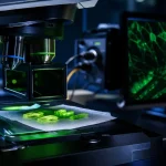 Microscopie fluorescence : objectif et cube de filtres sur un microscope de laboratoire, signal vert sur écran.