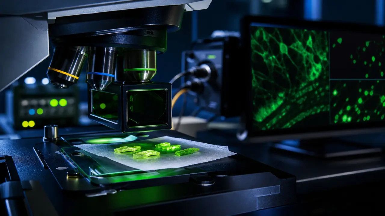 Microscopie fluorescence : objectif et cube de filtres sur un microscope de laboratoire, signal vert sur écran.