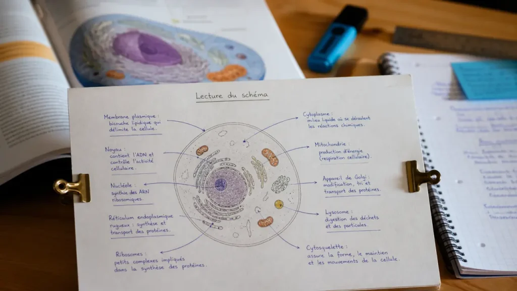 Schéma cellule : repérer membrane, noyau et organites visibles
