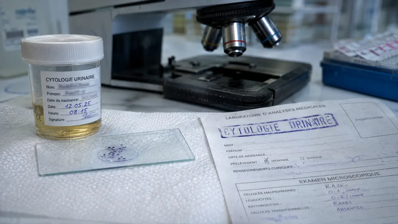 Cytologie urinaire : lame et urine, lecture cellules atypiques