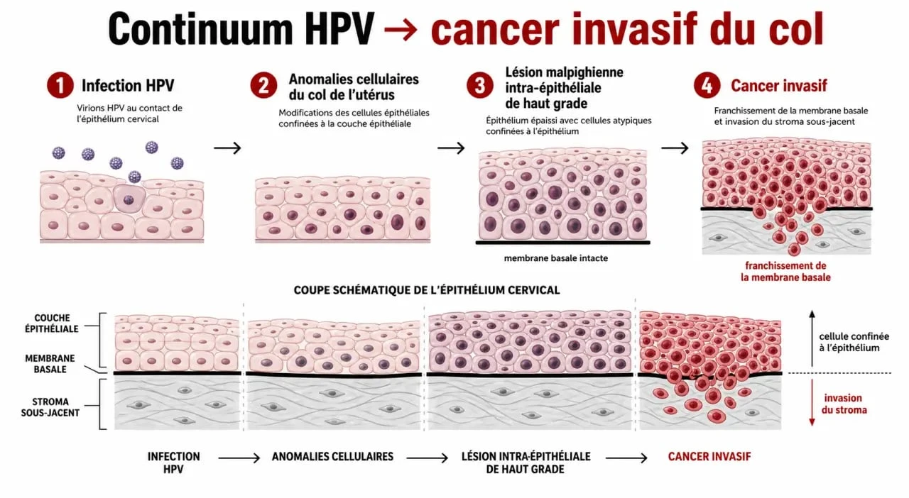 Schéma de la lésion malpighienne intra-épithéliale de haut grade et de son évolution HPV