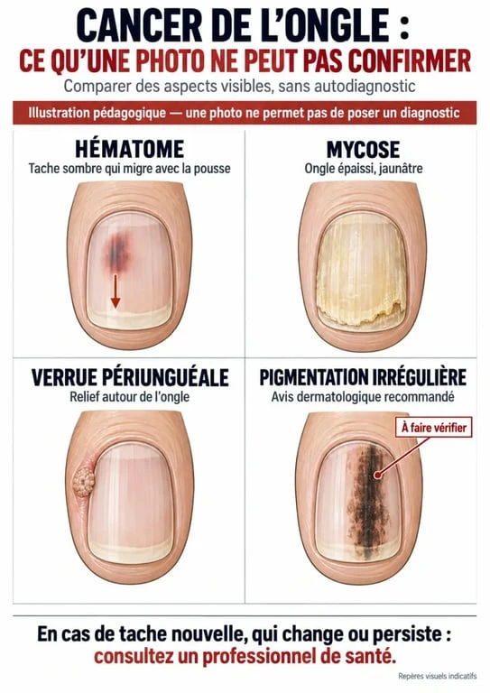 Cancer de l’ongle photo : illustration comparative des signes d’alerte et des causes bénignes