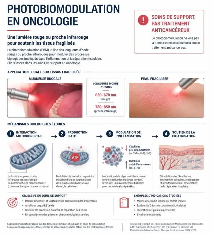 Infographie sur la luminothérapie cancer et le mécanisme de la photobiomodulation comme soin de support