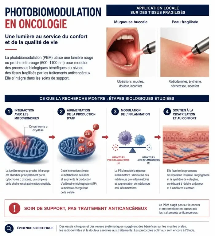 Infographie sur la luminothérapie cancer et le mécanisme de la photobiomodulation comme soin de support