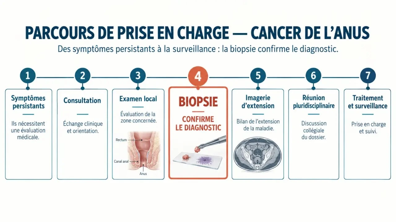 Parcours de diagnostic et de traitement du anal cancer, de la consultation au suivi