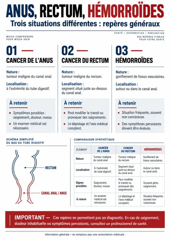 Infographie sur le anal cancer comparé au cancer du rectum et aux hémorroïdes
