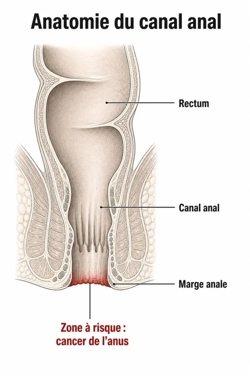 Schéma du cancer anus montrant le canal anal, la marge anale et le rectum