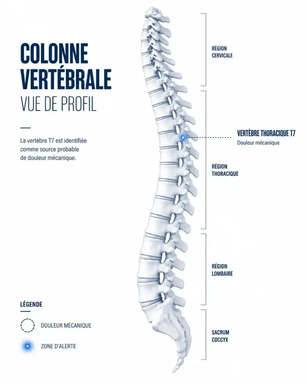Schéma de la colonne vertébrale illustrant le mal de dos la nuit pouvant évoquer un cancer